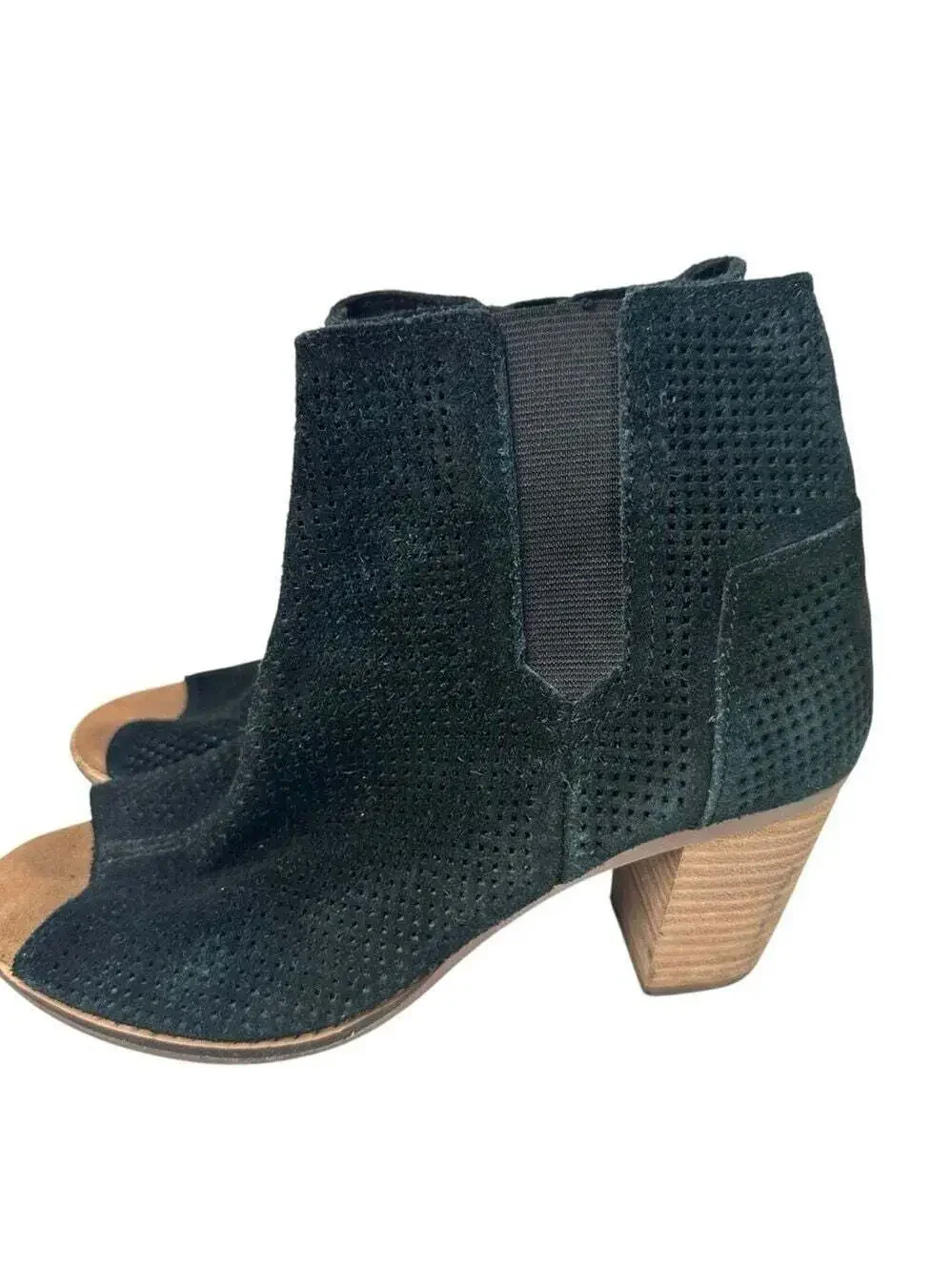 TOMS Majorca Black Suede Perforated Open Toe Booties Womens 7.5 Heels